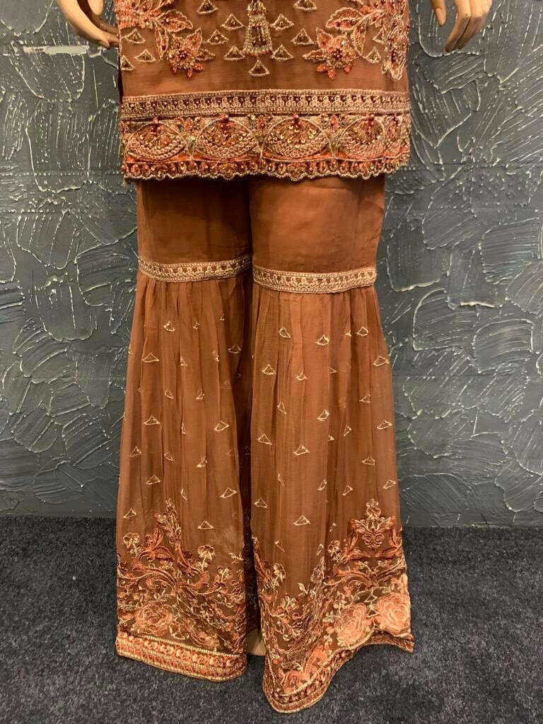 Pakistani Rust BrownStraight Style Embroidered Sequins Chiffon Gharara Suit,S
