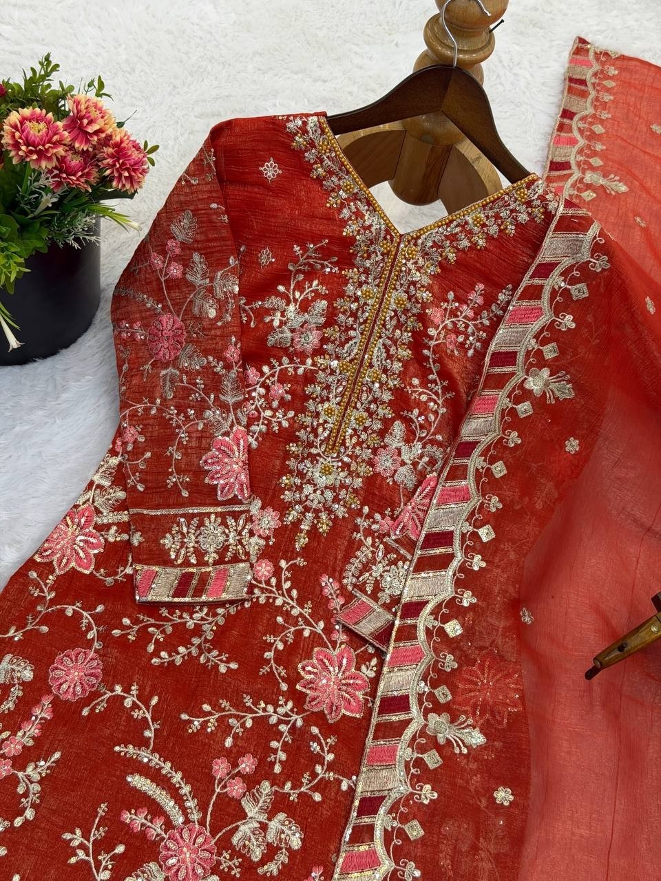 New Launch Orange Crunchy Silk Salwar Kameez With Dupatta For Function Wear