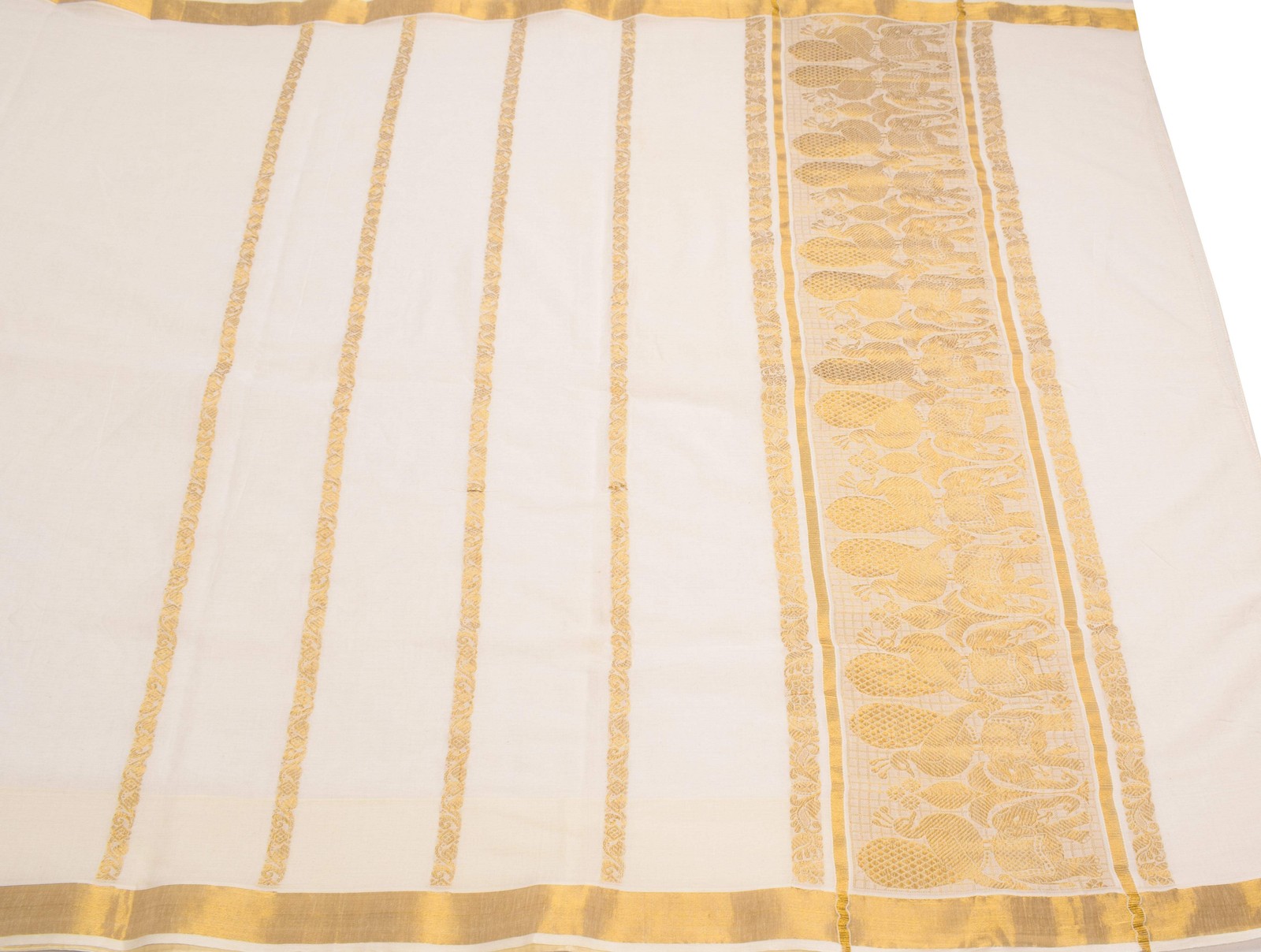 Sushila Vintage Kerala Kasavu Pure Cotton Saree Gold Zari Brocade Cream Sari Fab