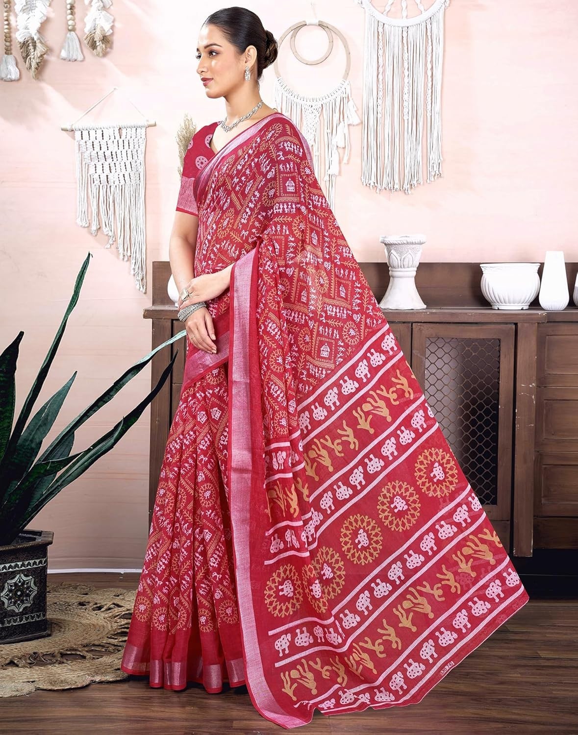 Women’s Cotton Linen Printed and Zari Border Saree with Unstitched Blouse Piece