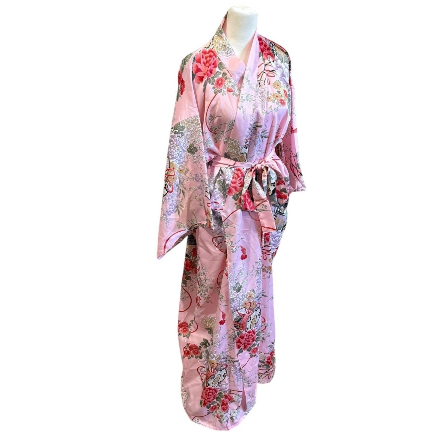 Pink Floral Kimono Robe Womens Satin Yukata Long Duster Lounge Belt