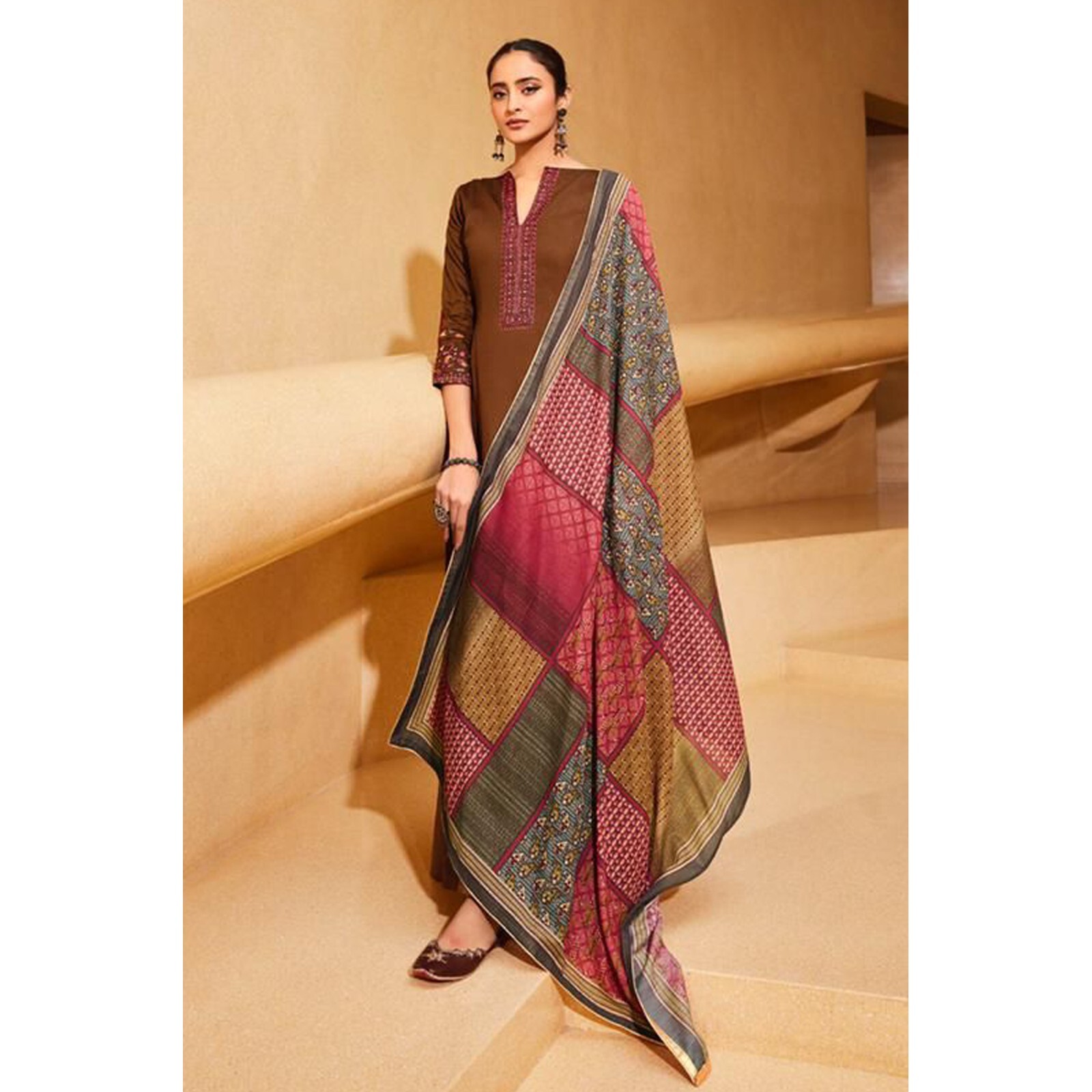 South Asian Women’s Wear Maroon Color Embroidery Worked Salwar Kameez Pant Suits