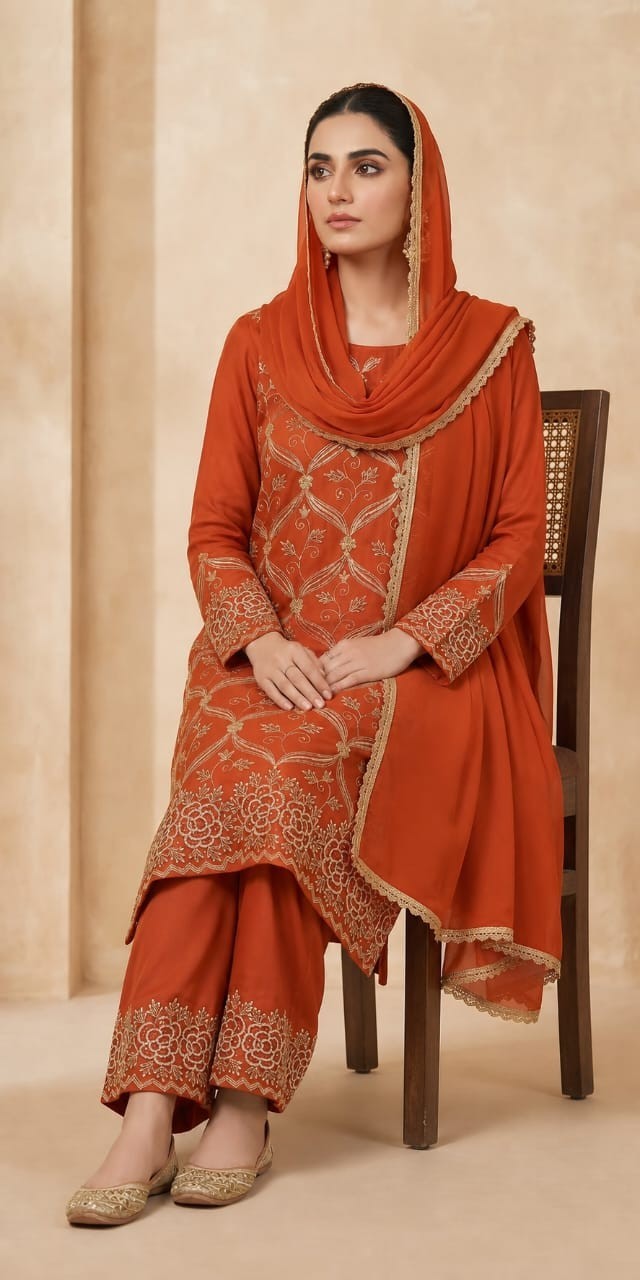 Orange Organza Salwar Kameez Suit Set Handmade Hand Embroidered Custom Size…
