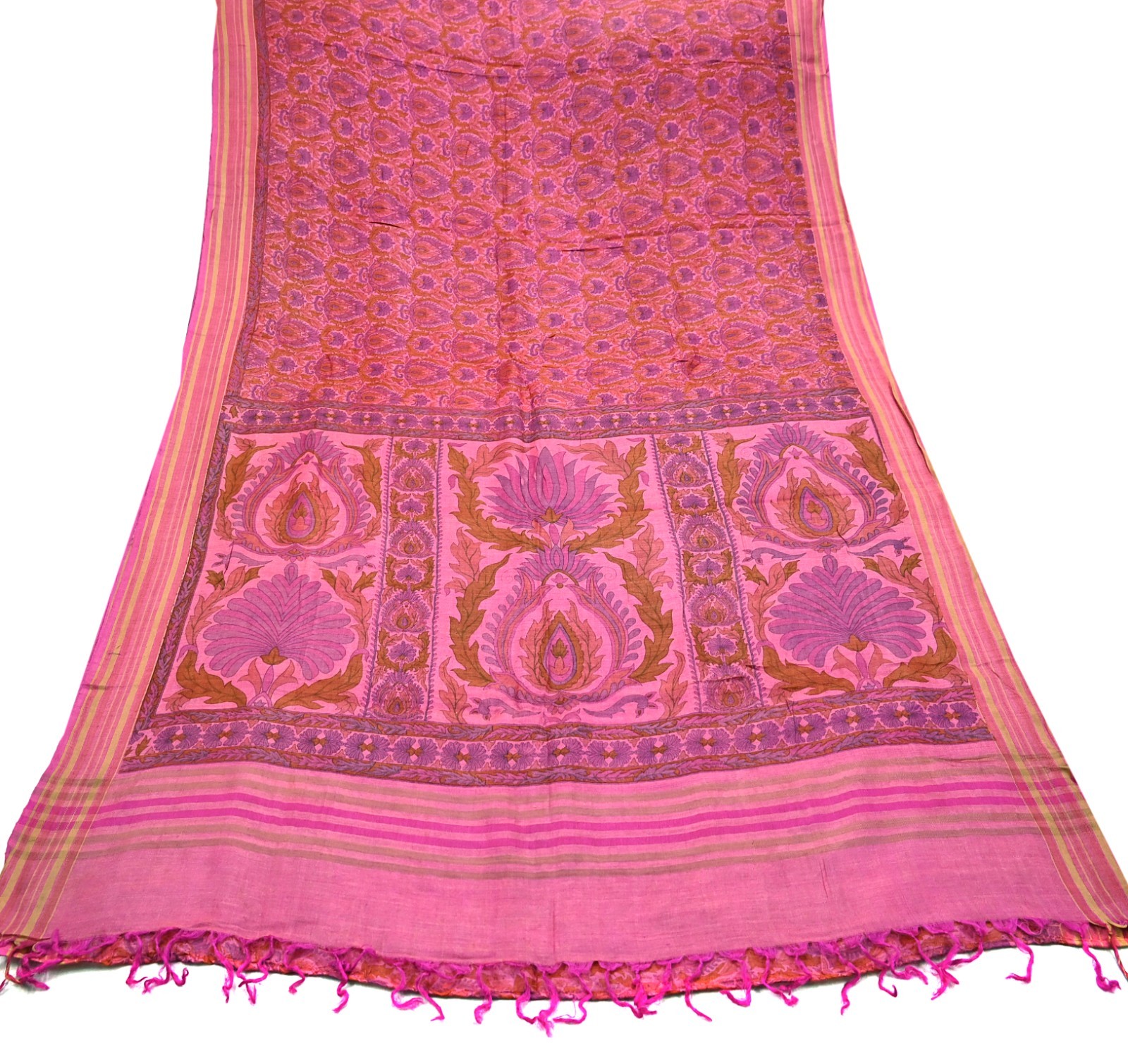 Vintage Peach & Pink Wool Saree Indian Pure Woolen Woven Floral Fabric 5 Yd Soft