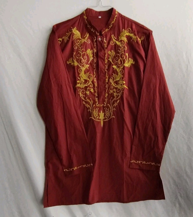 Middle Eastern Style Kurta Maroon Long Top with Gold Embroidery Detail-Size M