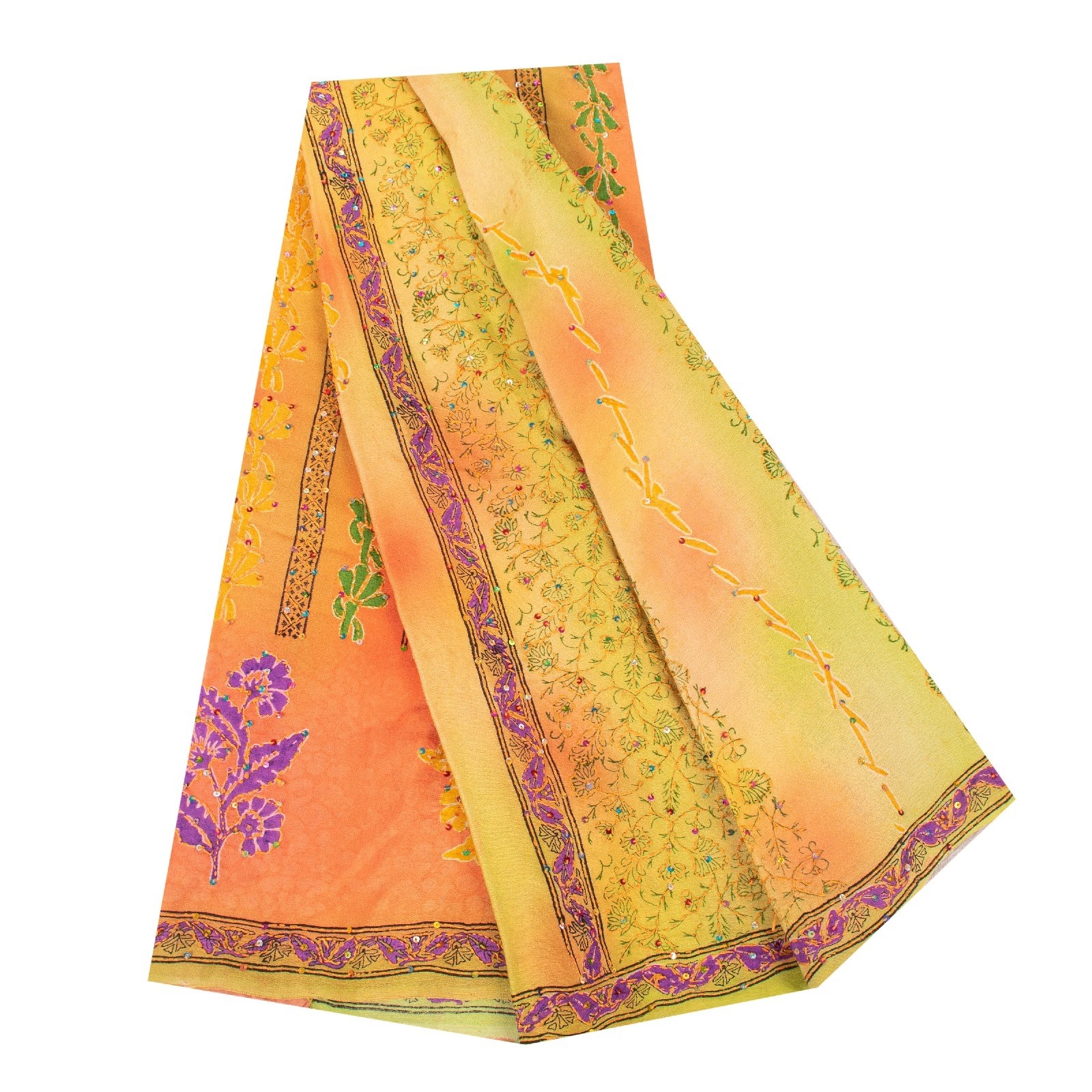 Sanskriti Vintage Saree Lemon Hand Embroidery Kantha Pure Crepe Print 5.5YD Sari