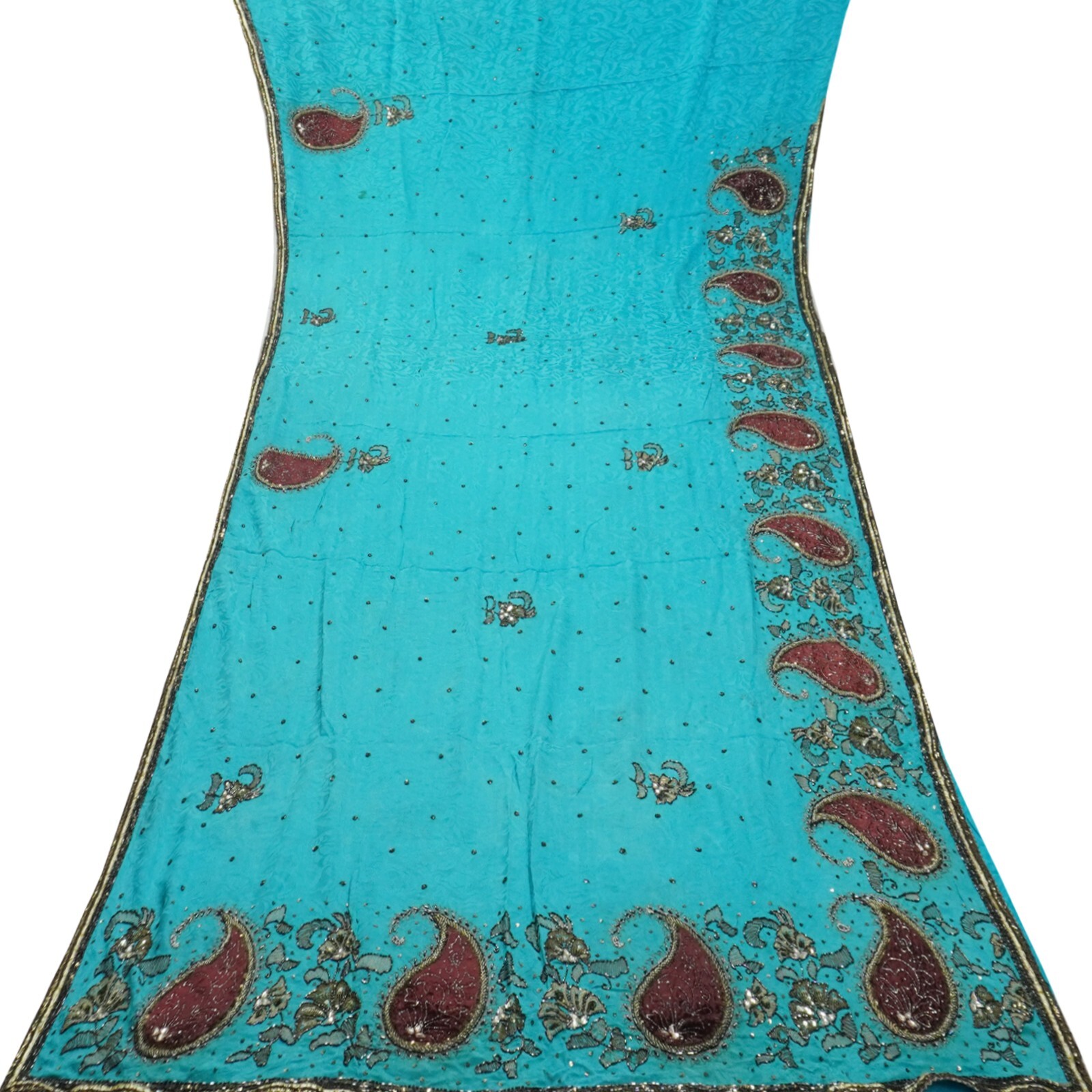 Vintage Blue Sarees 100% Pure Crepe Silk Hand Embroidered Heavy Sari 5YD Fabric