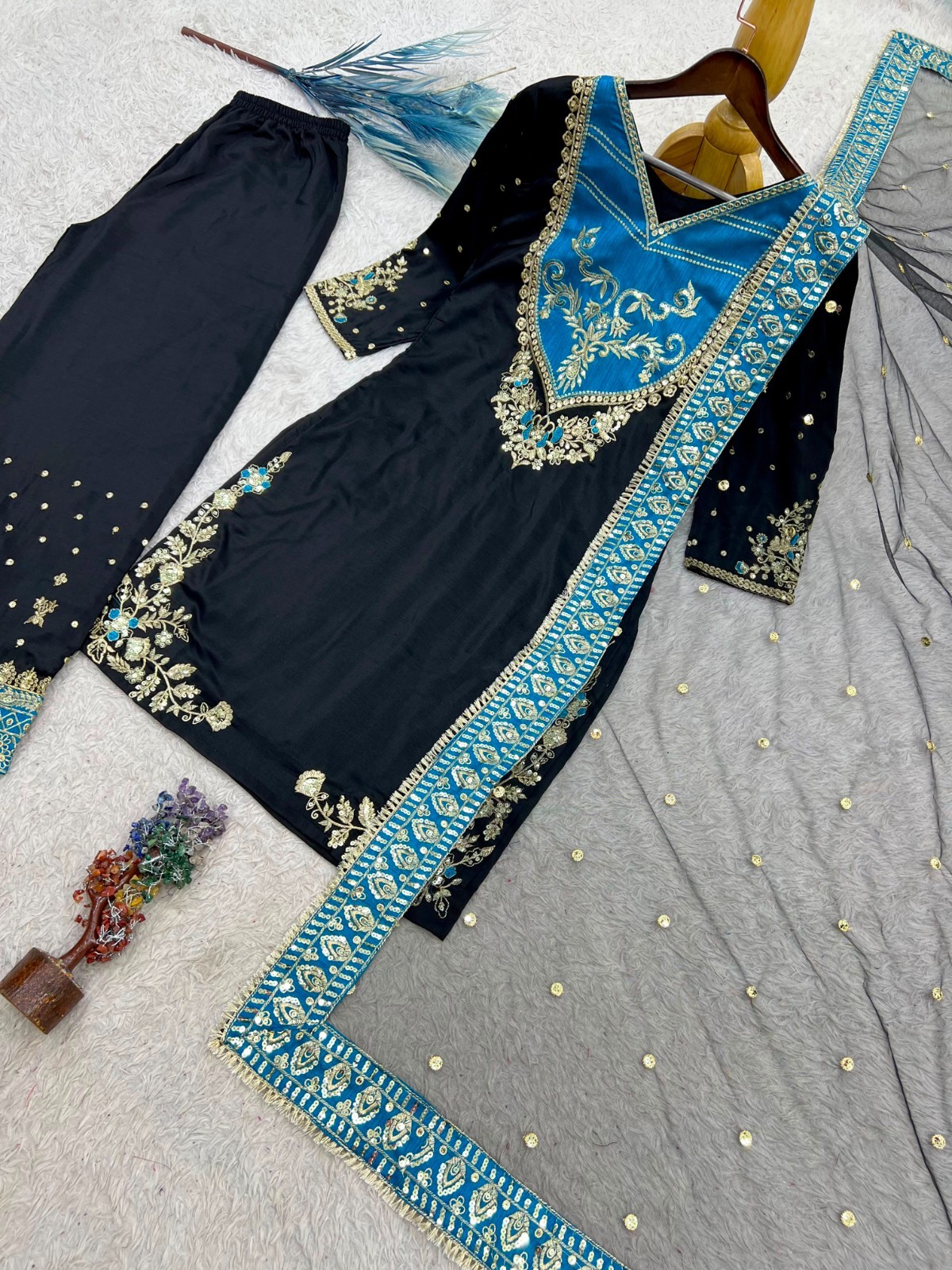 Black Designer Salwar Kameez Palazzo Dupatta Set Embroidered Party Wear Suit