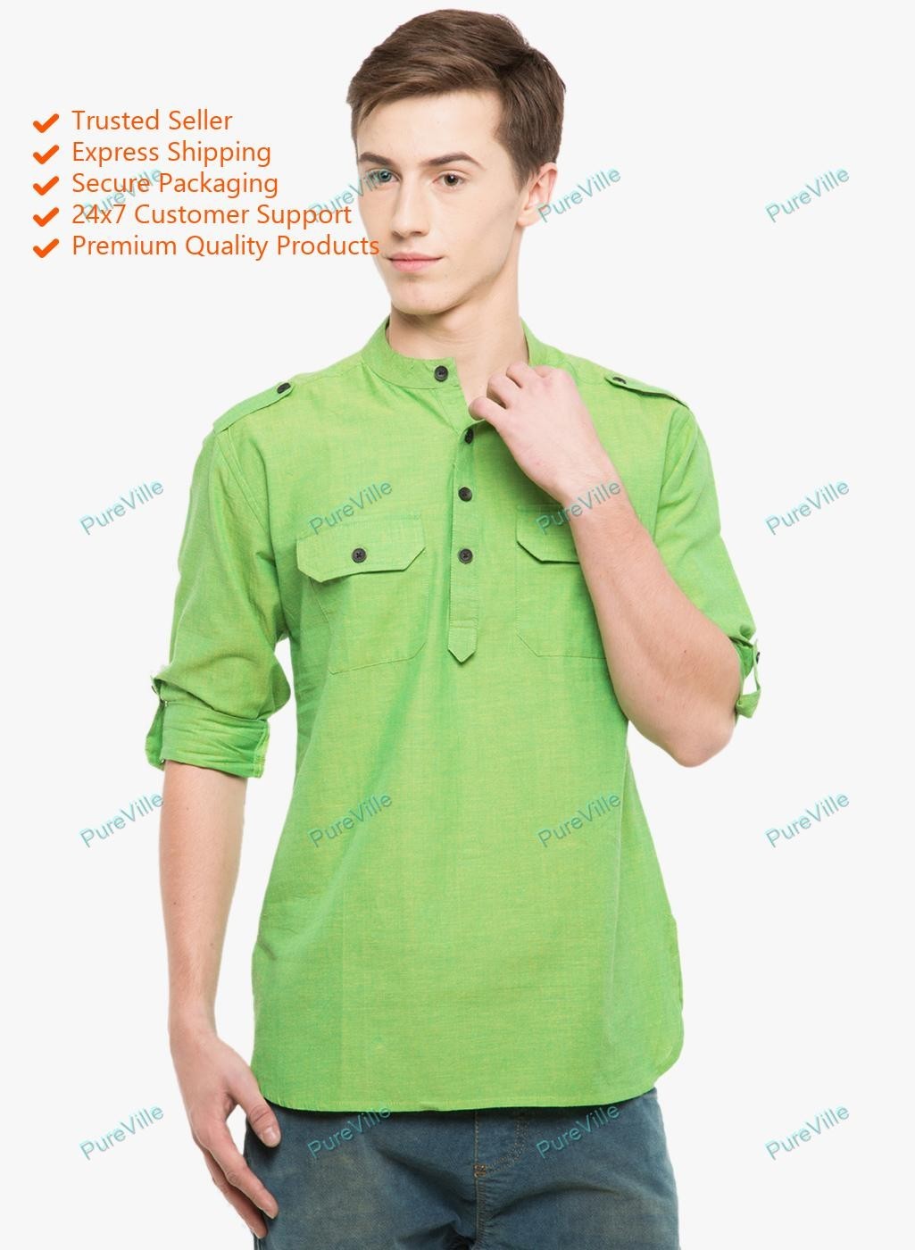 Solid Shirt Kurta Sea Indian Mens Casual Shirts Cotton Tunic Top