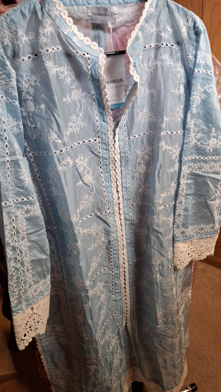 TEHREER Women’s Embroidered Kurta Blue Beige Traditional Long Sleeve
