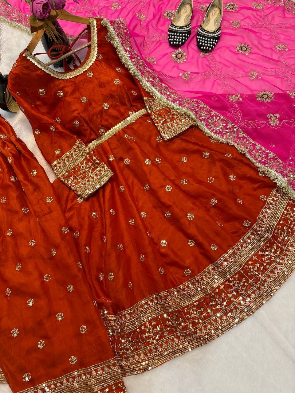 Designer Orange Silk Salwar Kameez With Faux Georgette Dupatta For Women
