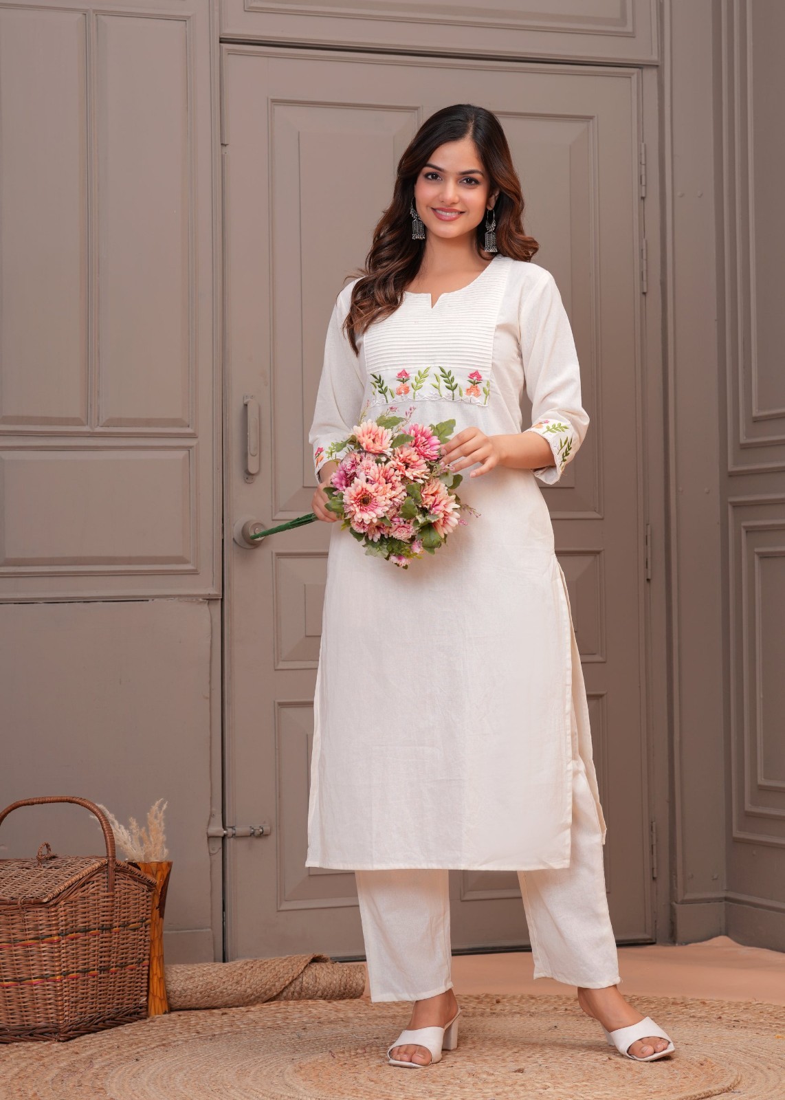 Women’s White Embroidered Straight Kurti | Elegant Daily & Office Wear (NF-52)