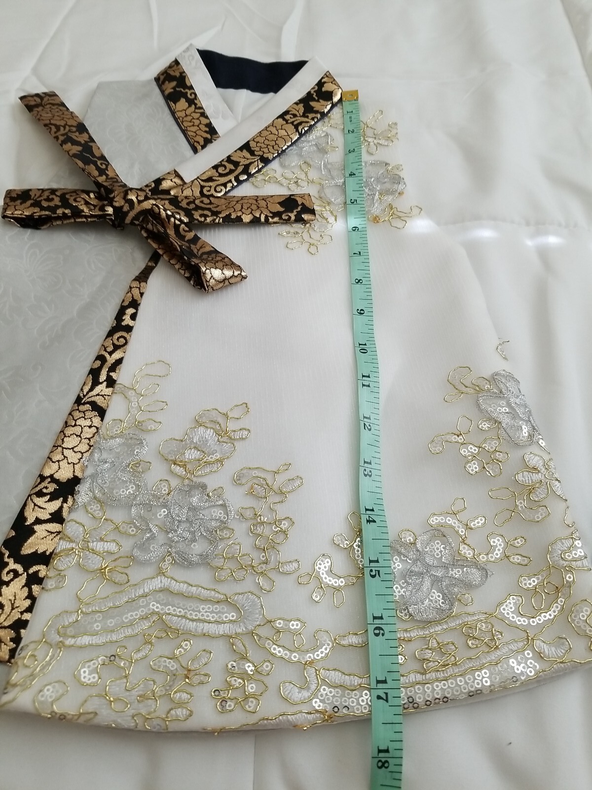 Traditional Korean Asian Embroidered Toddler Girl Robe Kimono White Gold Black