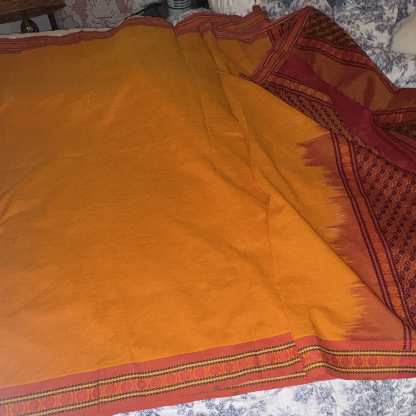 Womens Orange Red Black Gold Woven Synthetic Saree with Patterned Border