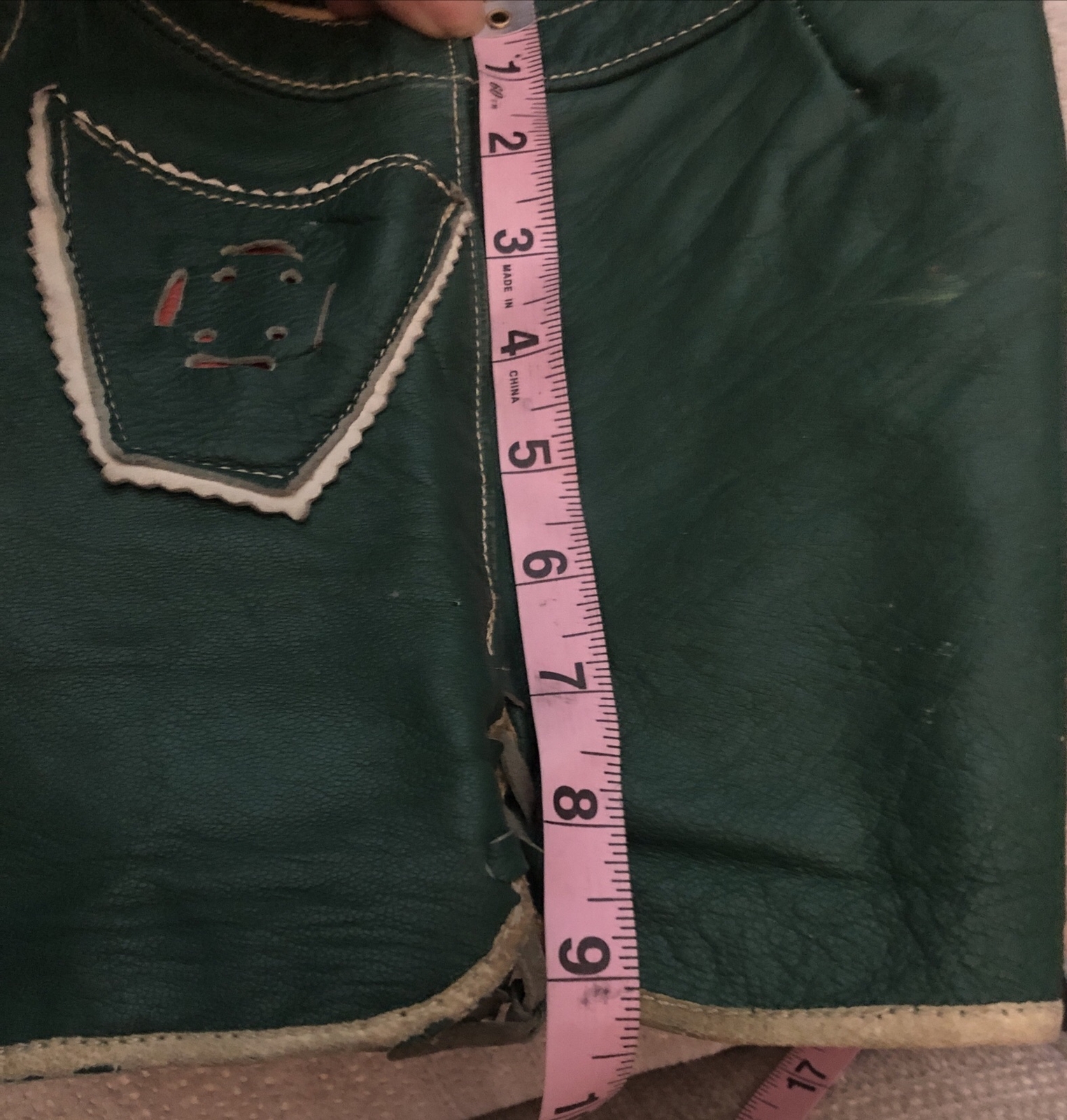 Vintage German Lederhosen Leather Shorts Kids Unisex 4T/5T Green Zippers Novelty