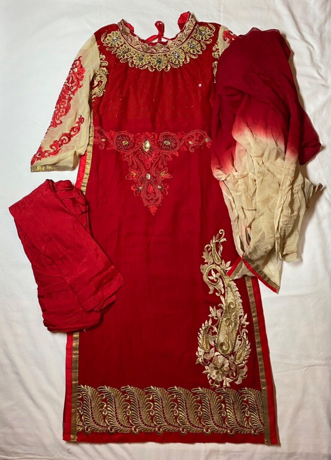 White & Cream High Neck Long Punjabi Pajami Churidar Suit Stitched 3pc set 