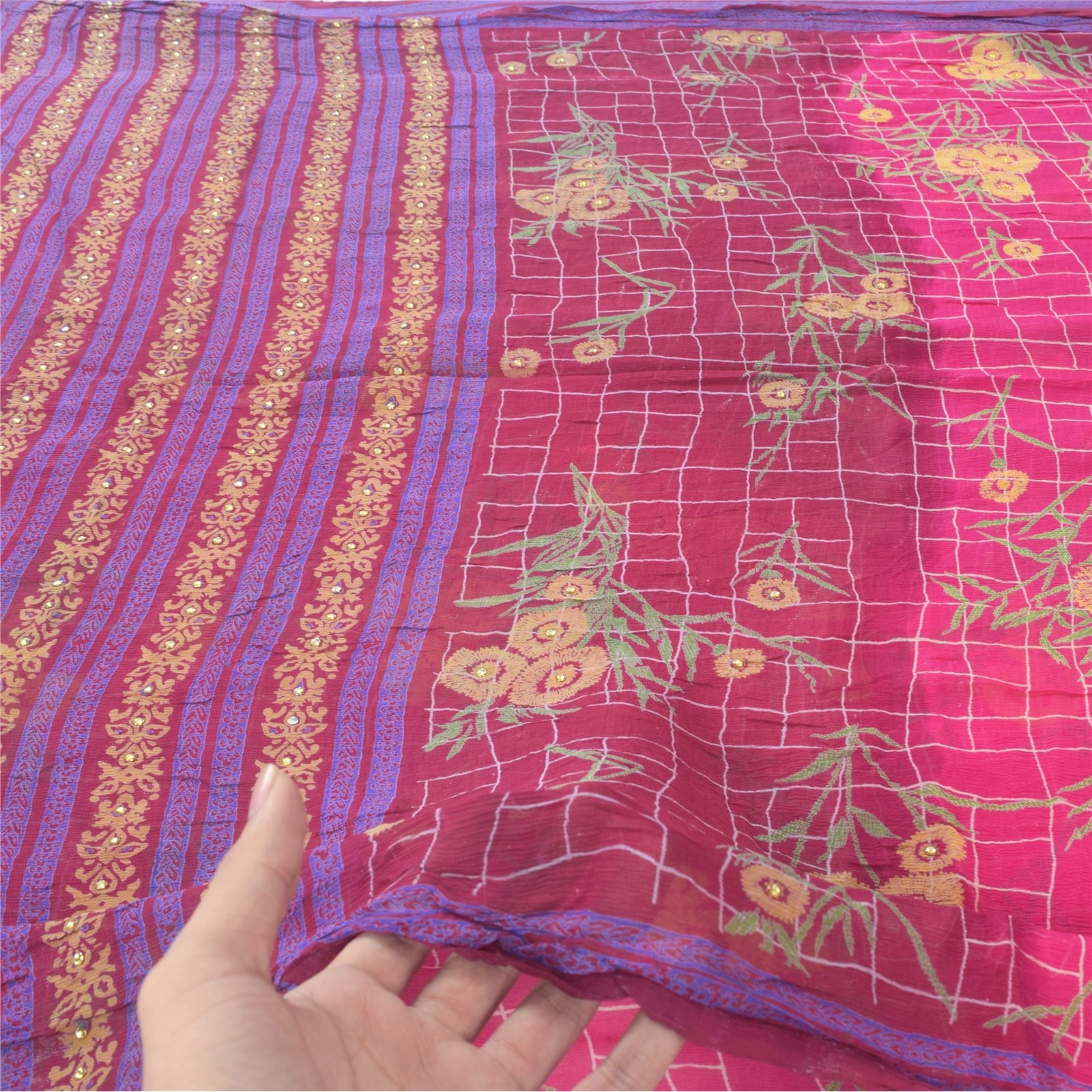 Sanskriti Vintage Sarees Purple Pure Chiffon Silk Rhinestone Printed Sari Fabric