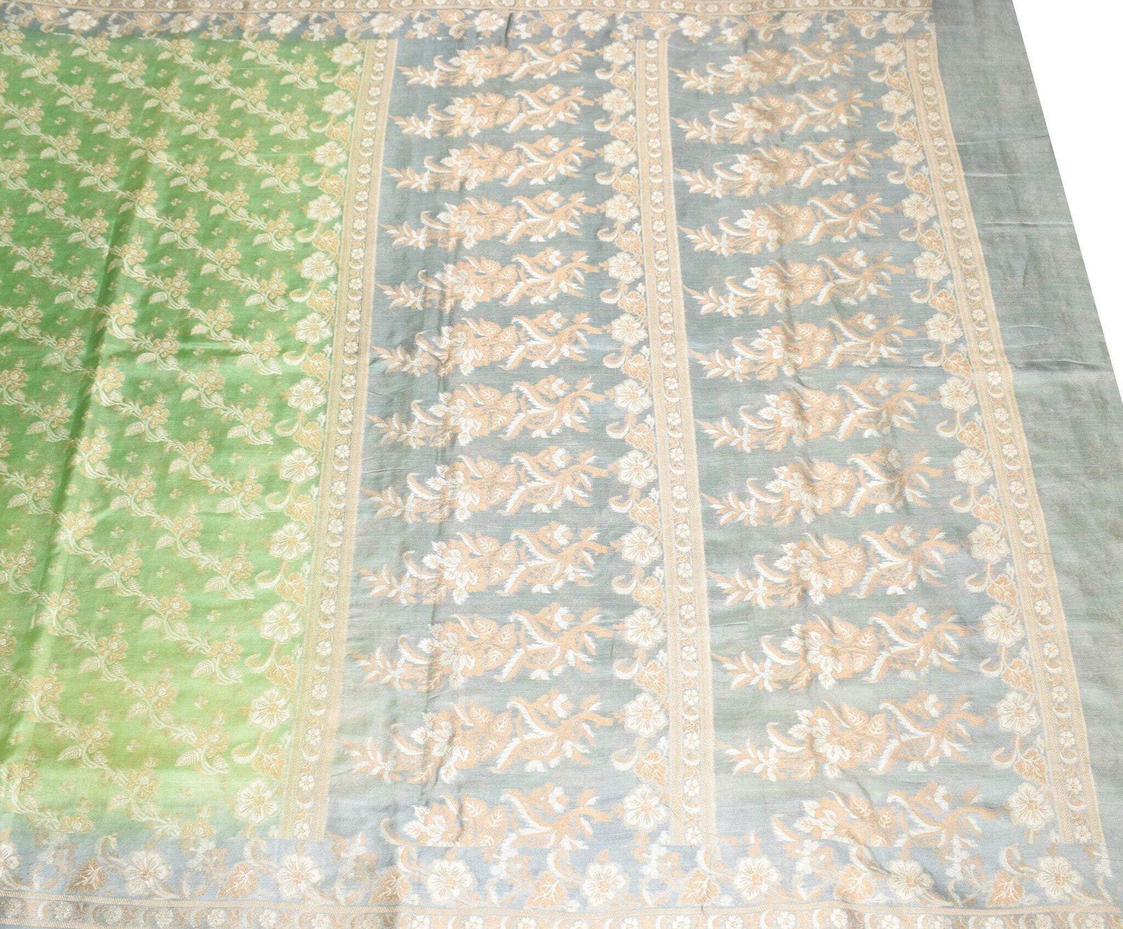 Sushila Vintage Green & Gray Saree Floral Woven 100%Pure Tussar Silk Sari Fabric