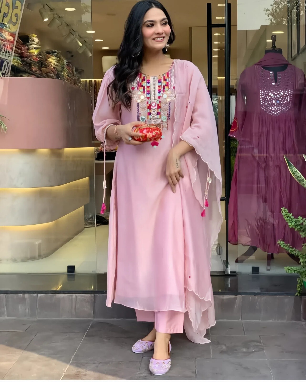 Chanderi Suit Set with Palazzo, Traditional Ethnic Wear With Tassel Details