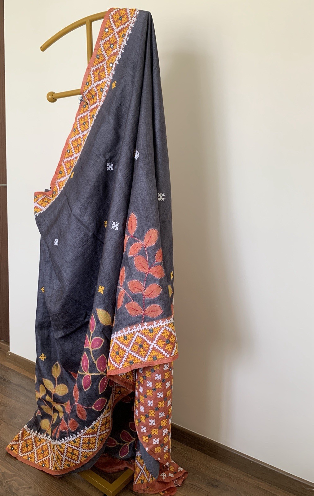 Gray Gujurati Stitch Tussar Silk Saree sari Festival party wear For Women
