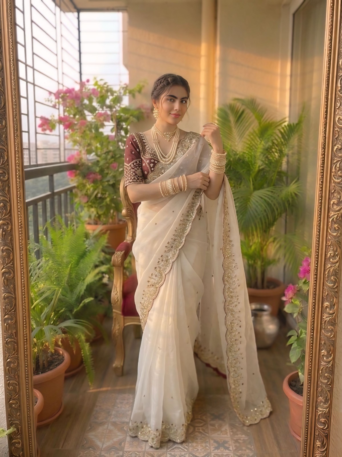 Soft Organza Party Wear Saree with Delicate Floral Embroidery & Designer Blouse