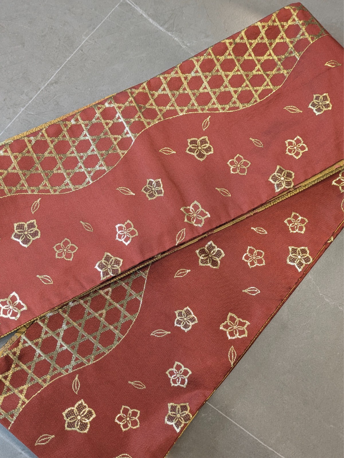 Japanese Kimono Half Obi Gold Red Reversible Floral Geometric Washable Material