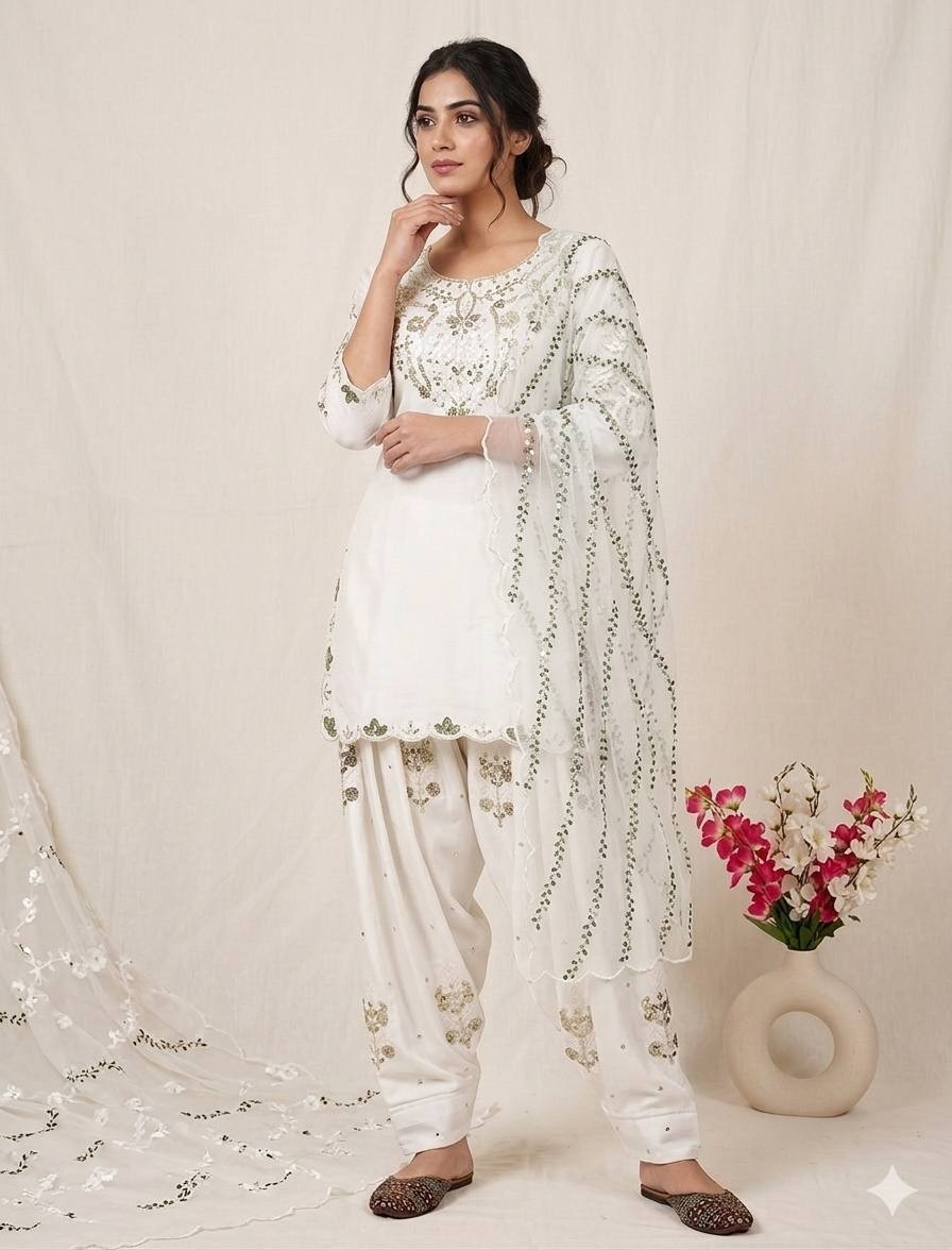 Latest Heavy Japan Satin White Top Bottom With Dupatta For Women Party Wear