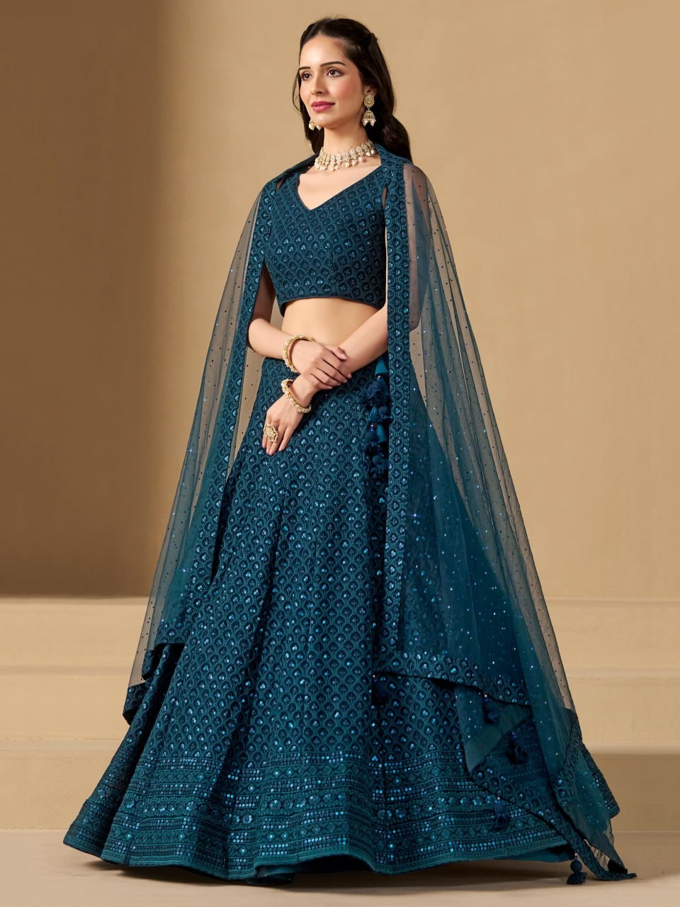 Navy Blue Sequin Lehenga Choli with Cape Dupatta Stitched Ethnic Wear