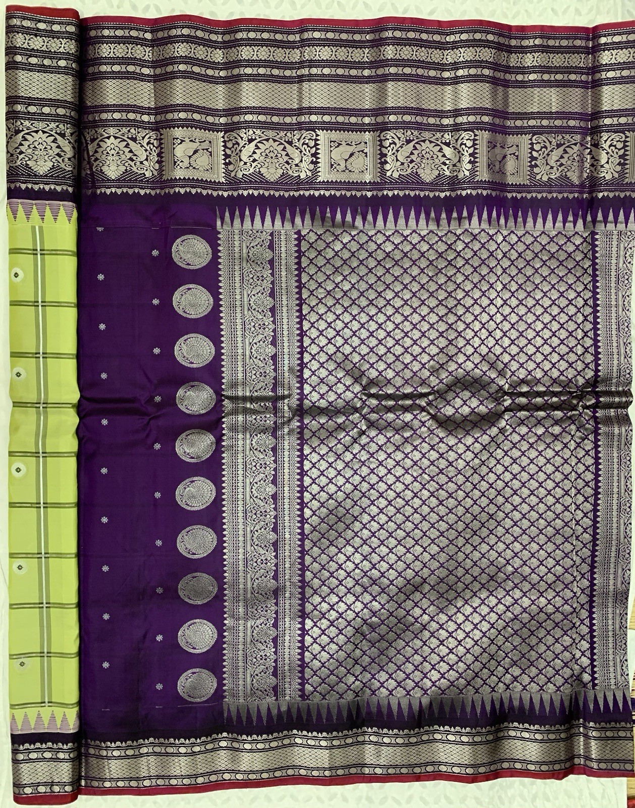 Lime Green and Purple Gadwal Silk Saree Sari wedding Partywear Bridal