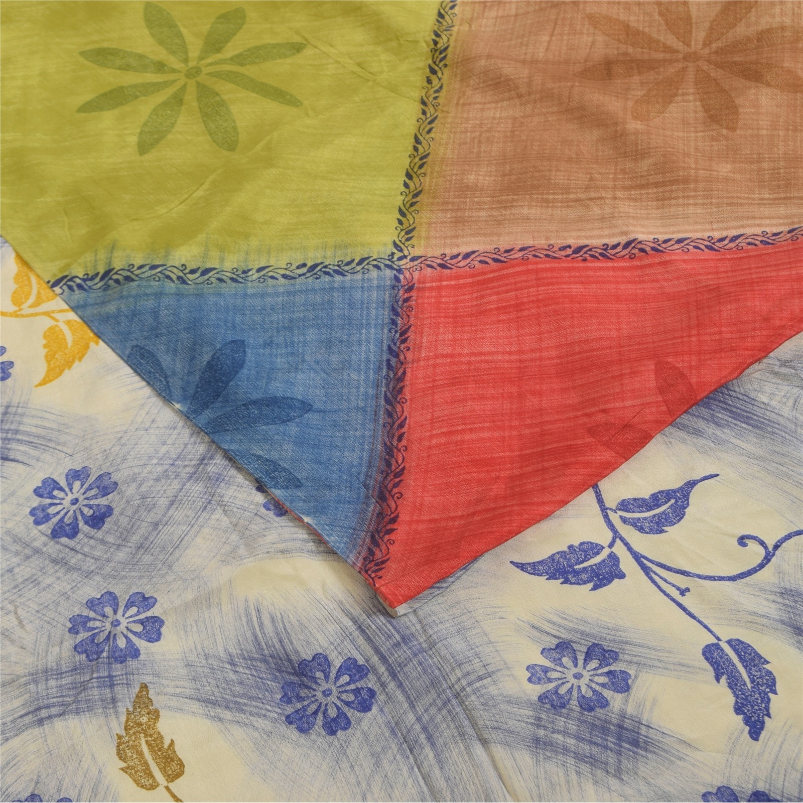 Sanskriti Vintage Saree Multicolor Pure Crepe Silk Print Sari 5.5Yd Craft Fabric