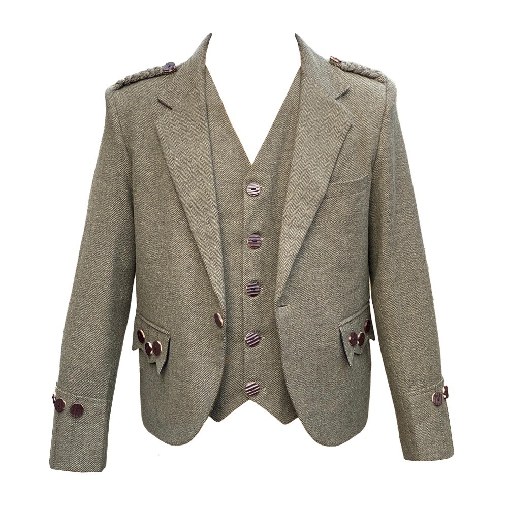 Men’s Scottish Olive Green Tweed Wool Argyle Kilt Jacket with 5 Button Vest