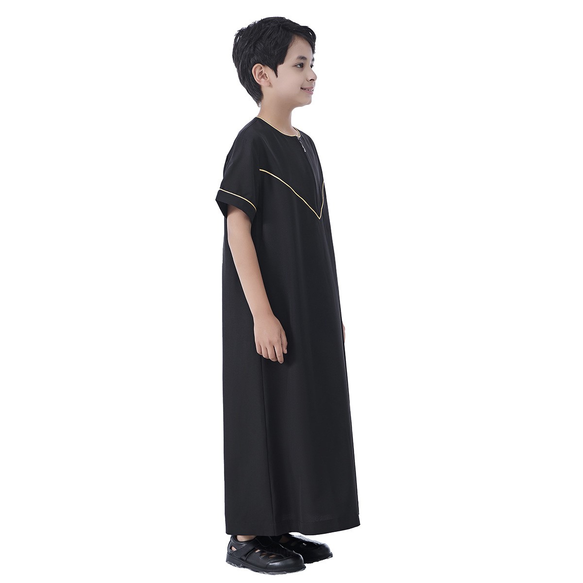 Eid Muslim Boy Robe Fashion Arab Jubba Thobe Short Sleeve Abaya Islamic Clothing