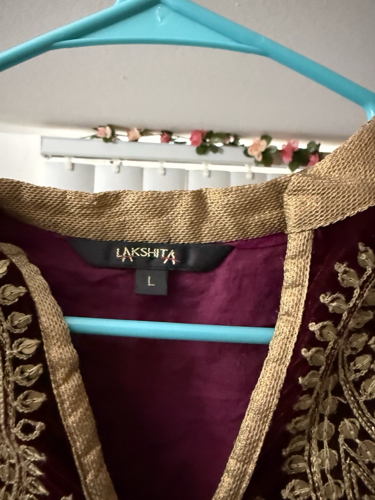 Lakshita Indian Burgundy Kaftan Kurta Tunic Embroidered Velvet Trim Ethnic Large