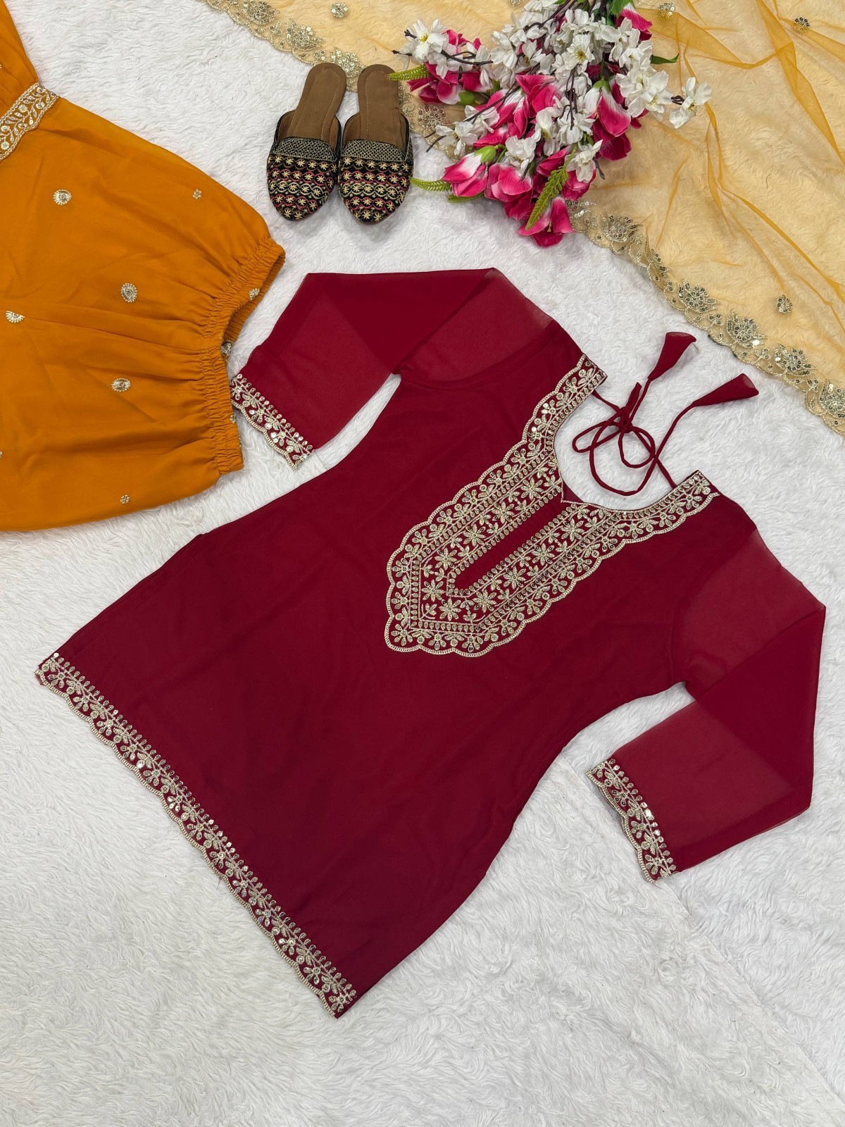 Heavy Faux Georgette Maroon Top Palazzo With Dupatta For Functional Wear