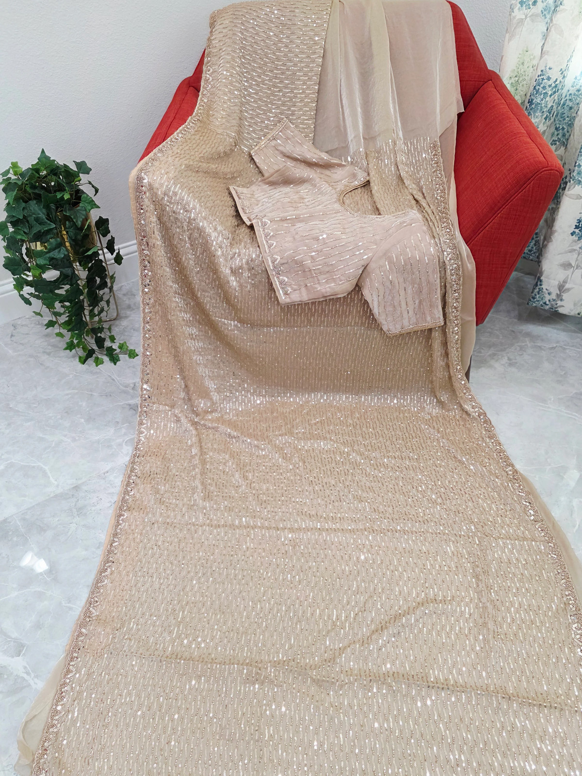 Champagne Ivory Space Silk Sequin Saree Stitched Blouse Cocktail Party 40-46
