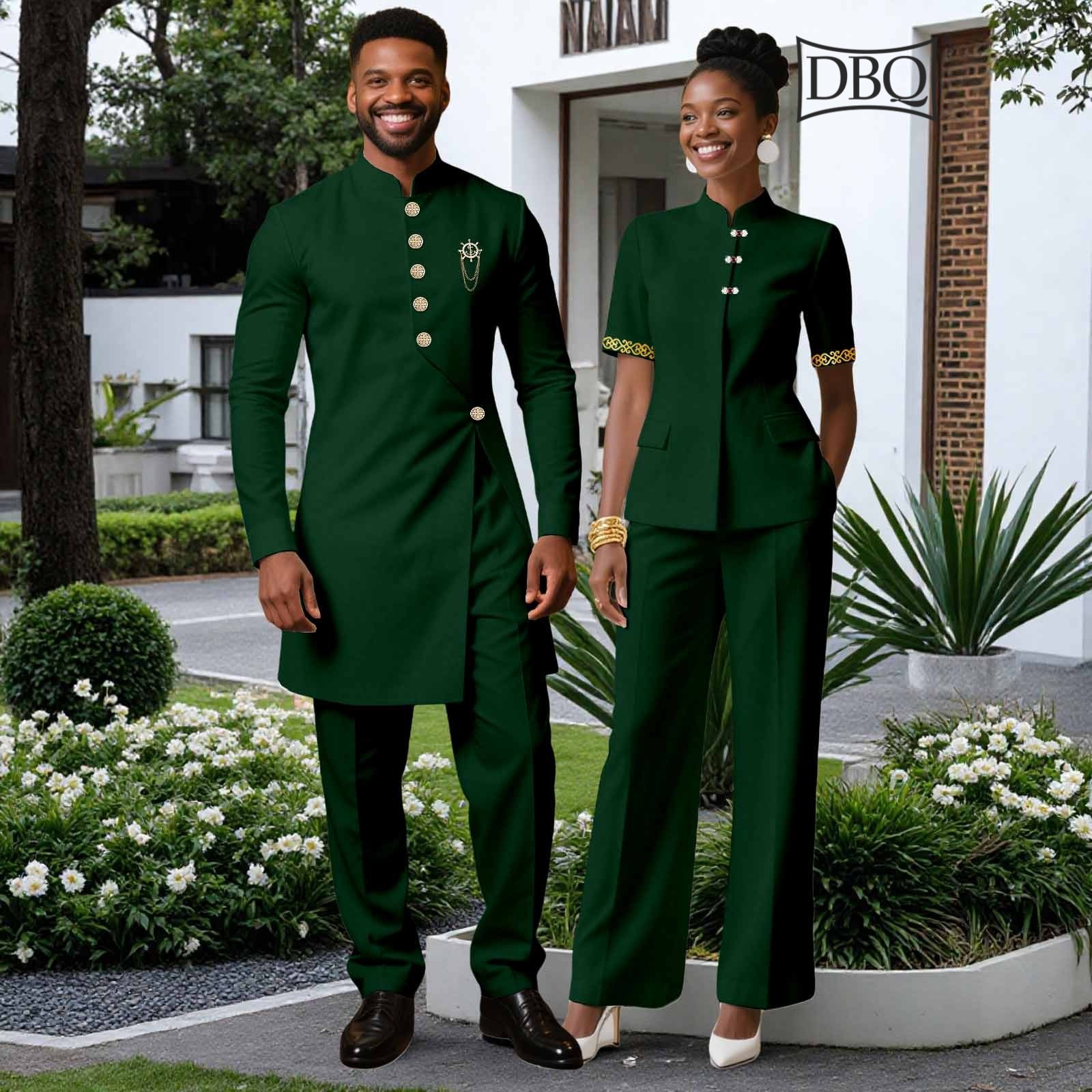 African Couple Matching Wedding Clothes Men and Women Jacket Slim Pants Set