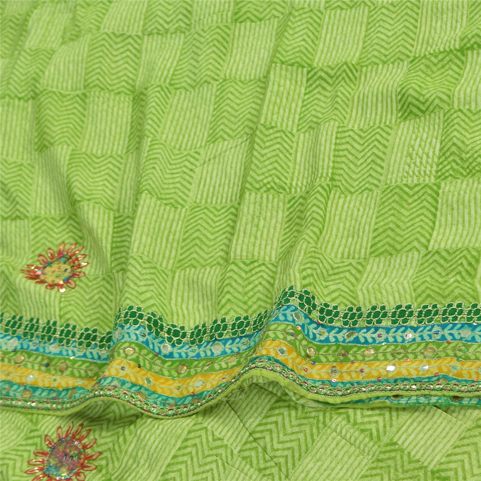 Sanskriti Vintage Saree Green Pure Crepe Hand Embroidered-Gota Patti Print Sari