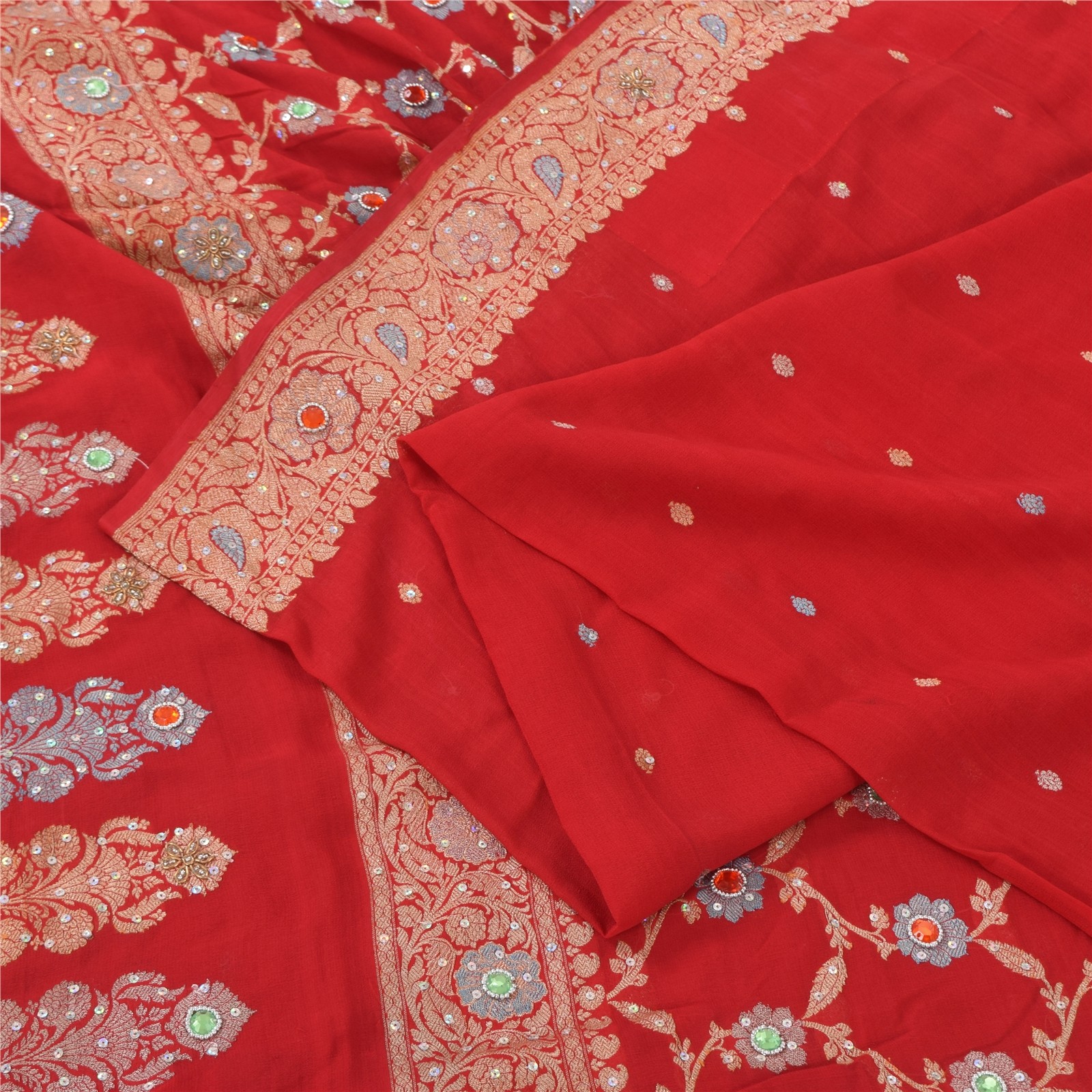 Sanskriti Vintage Red Sarees Pure Georgette Hand Beaded Premium Sari 5Yd Fabric