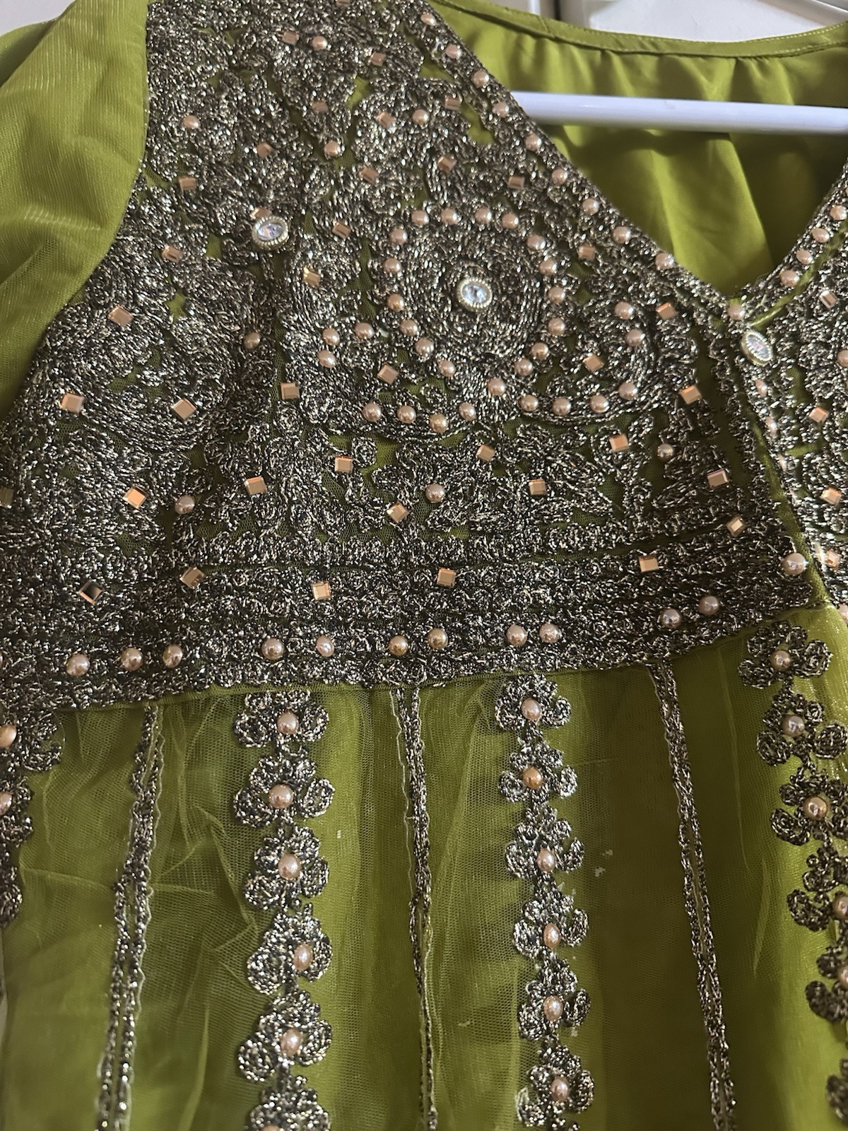 Green Heavy Embodied Work On Net A Line Frock Kameez Trouser Large