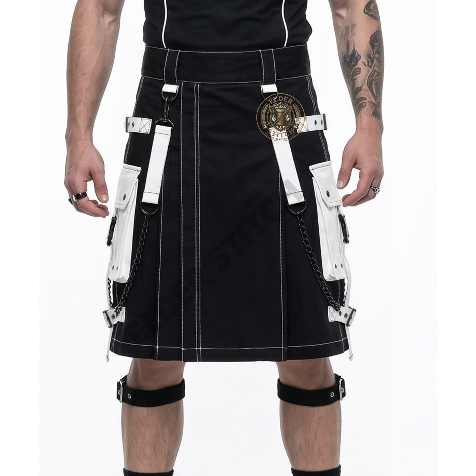 Mens Punk Goth Kilt Black White Cotton Cargo Pockets Chain Leg Straps Festival C