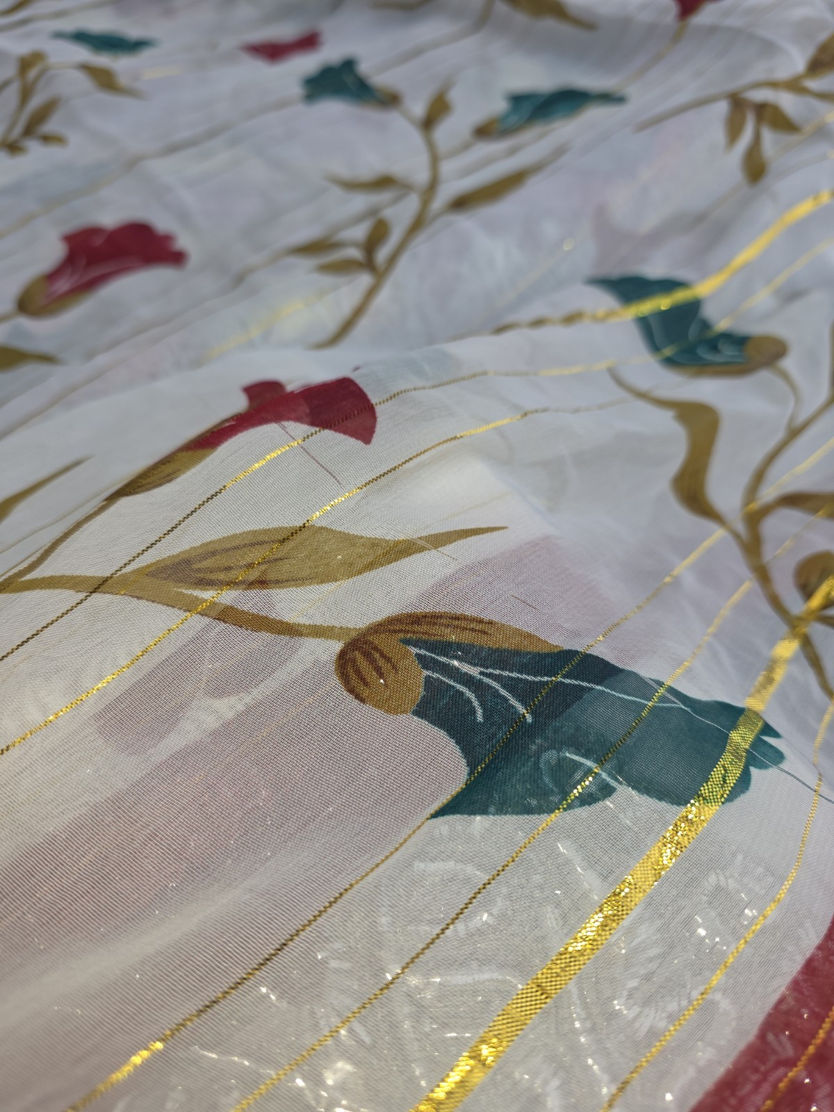 Bazigar 5.50m Net Saree White Floral Print Gold Stripes Red Border
