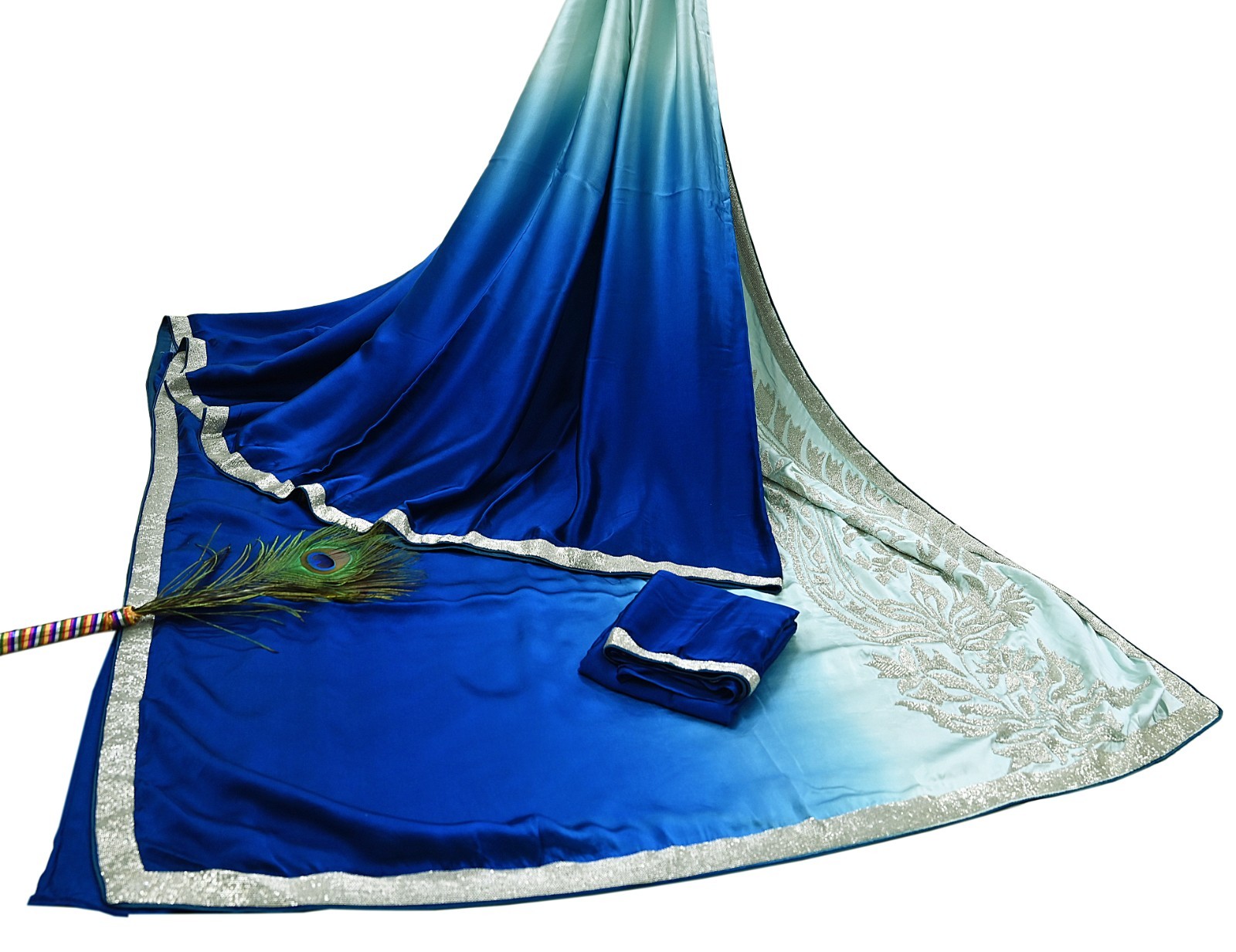 Rare Vintage Green & Blue Pure Satin Silk Saree Hand Embroidered Fabric 5.5 Yard
