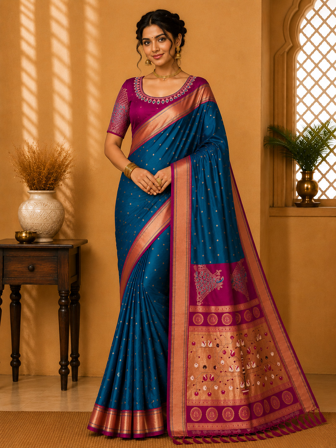Party Wear Paithani Silk Saree With Embroidery & Handwoven Zari Motifs Bollywood