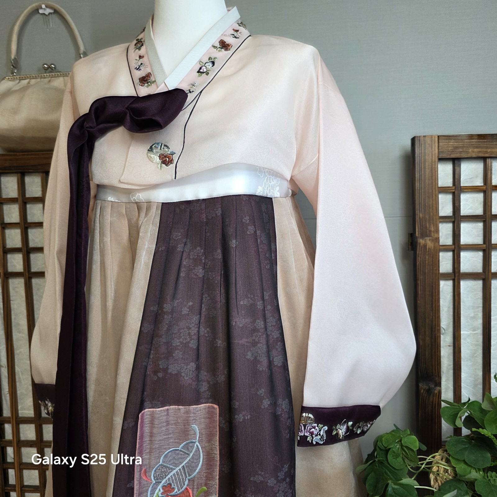 Korean Women Hanbok Set Blush Pink Jeogori Deep Plum Chima Embroidery Full Set