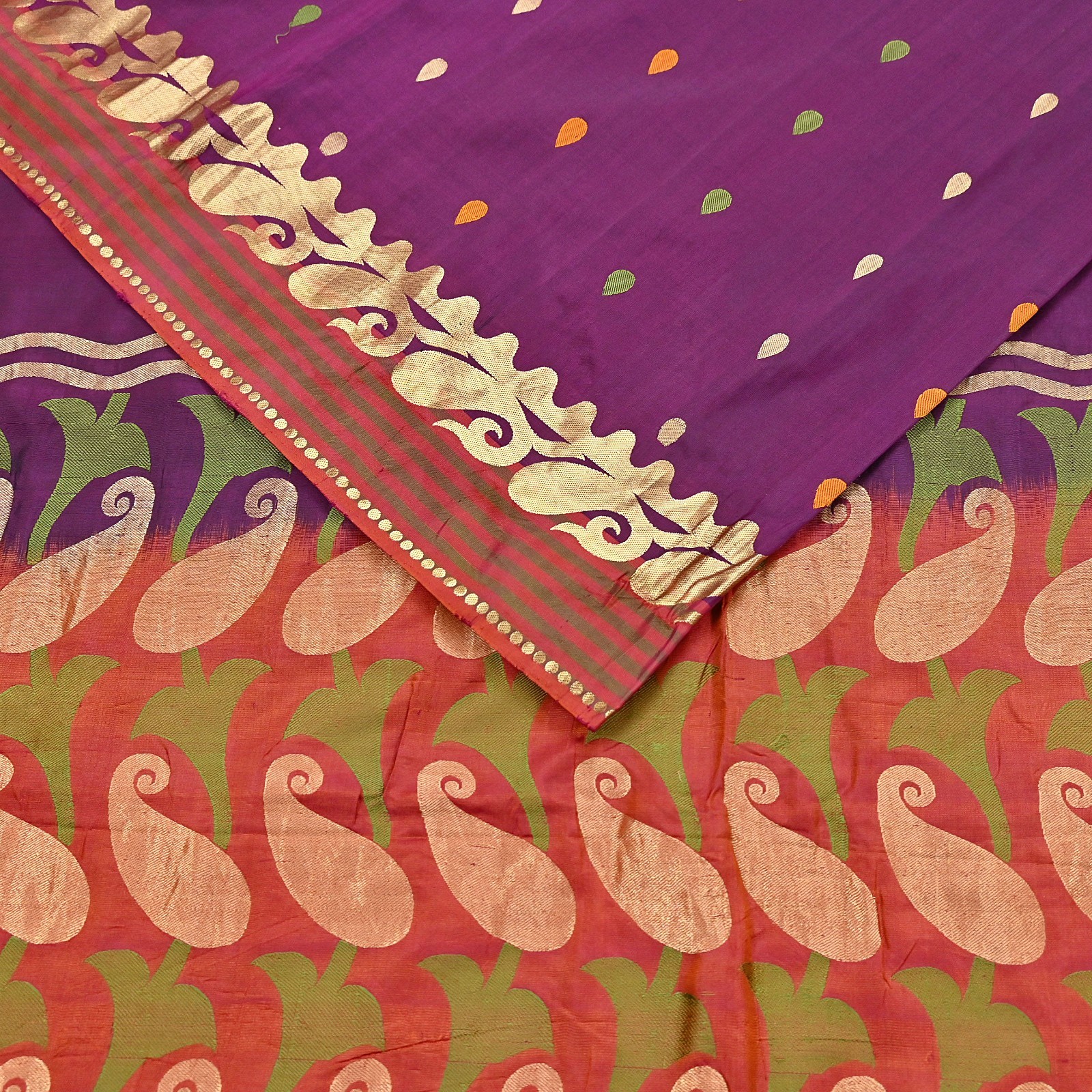 Indian Vintage Heavy Sari Purple & Orange Hand Woven Sarees 100% Pure Silk Zari