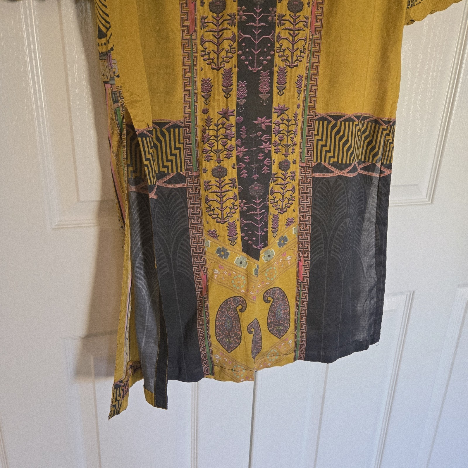 Printed Long Top Yellow Kameez 100% Cotton Causal Wear Dress Size L