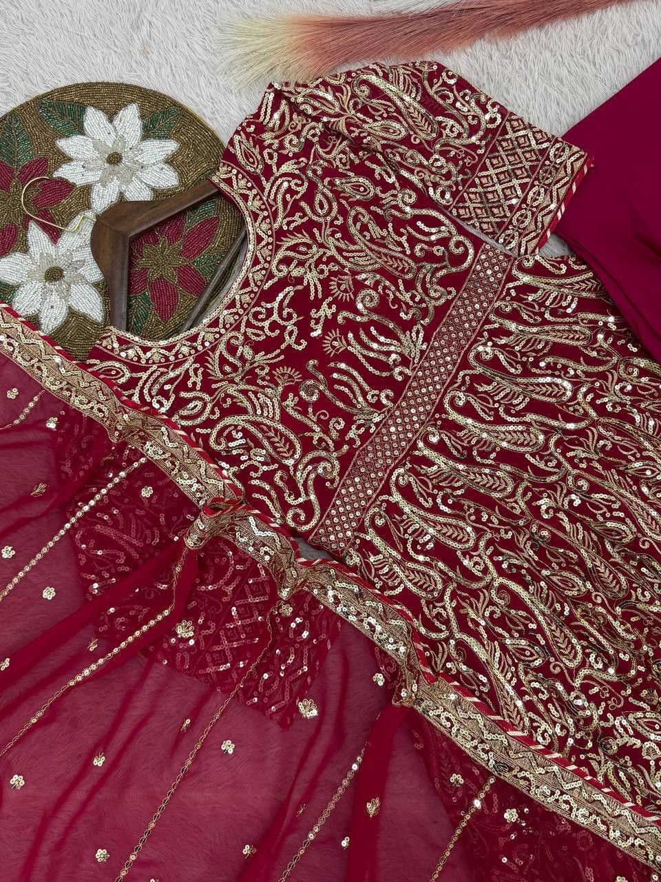 Maroon Anarkali Gown Pakistani Dress Salwar Kameez Ready To Wear Wedding Party L