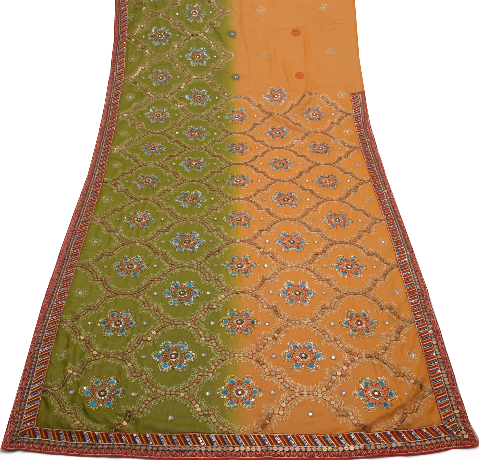 Sushila Vintage Indian Saree Blend Georgette Silk Hand Beaded Floral Sari Fabric