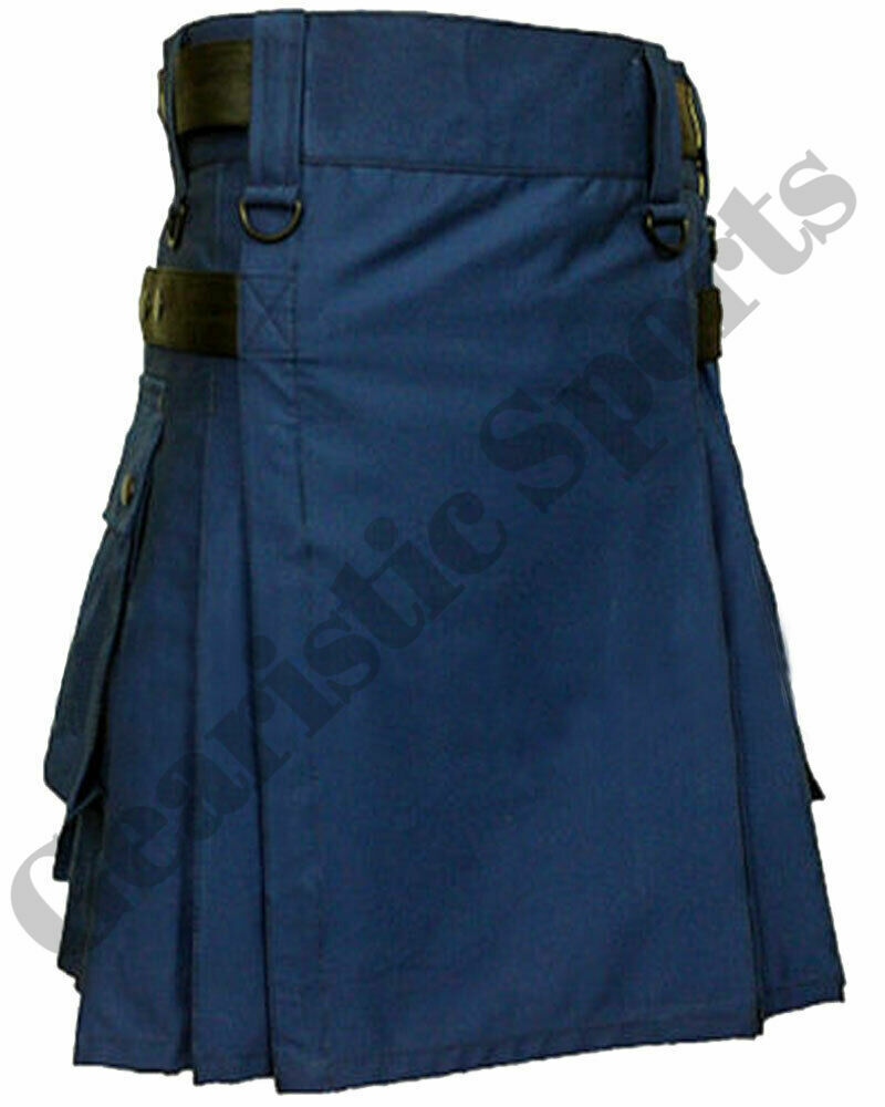 Blue Leather Straps Fashion Kilt Scottish Utility Kilts For Men Size 28″ to 50″