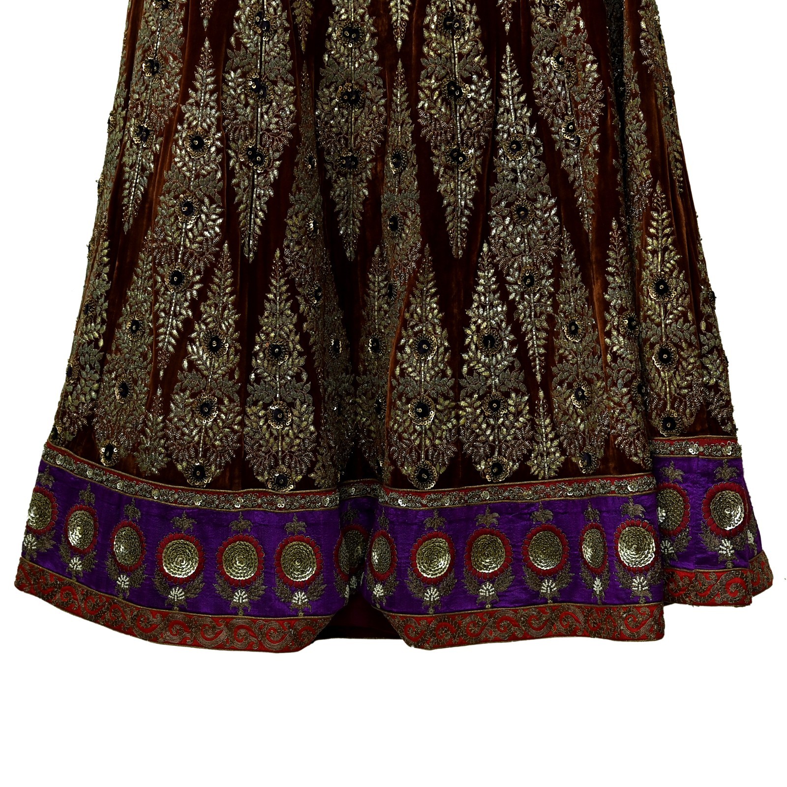 Indian Vintage Heavy Brown Velvet Hand Embroidered Brocade Designer Skirt